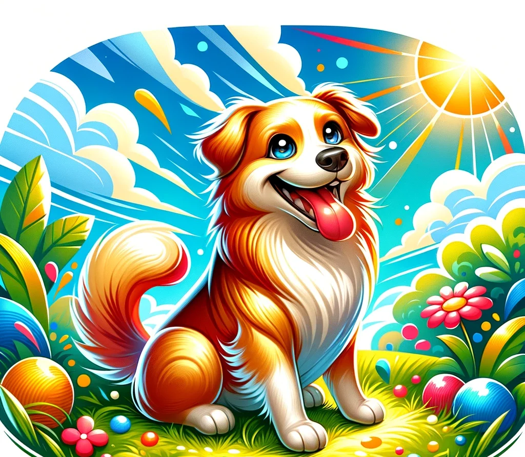 Create a vibrant and joyful illustration of a happy dog. The dog should be depicted in a playful pose, with a big smile and wagging tail